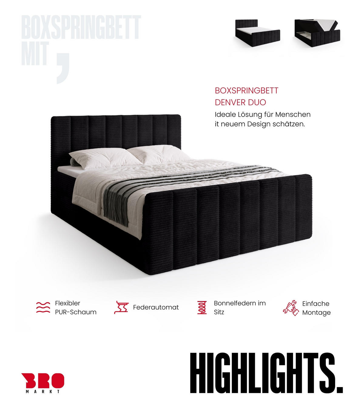 BOXSPRINGBETT Denver DUO mit Topper 180x200 Anthrazit - Anthrazit, Textil (180/200cm) - Bromarkt