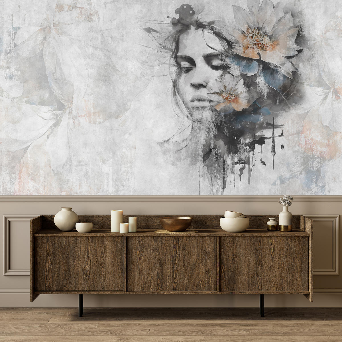FOTOTAPETE für Wohnzimmer Gesicht Frau Grau Betonwand Blumen 250x175 - Grau, Papier (250/175cm) - Muralo