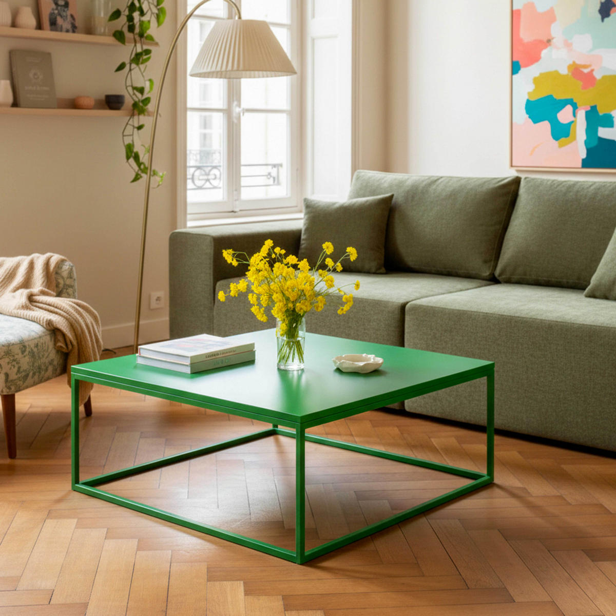 COUCHTISCH 120 cm, Grün - Grün, Metall (90/90/35cm) - Oviala