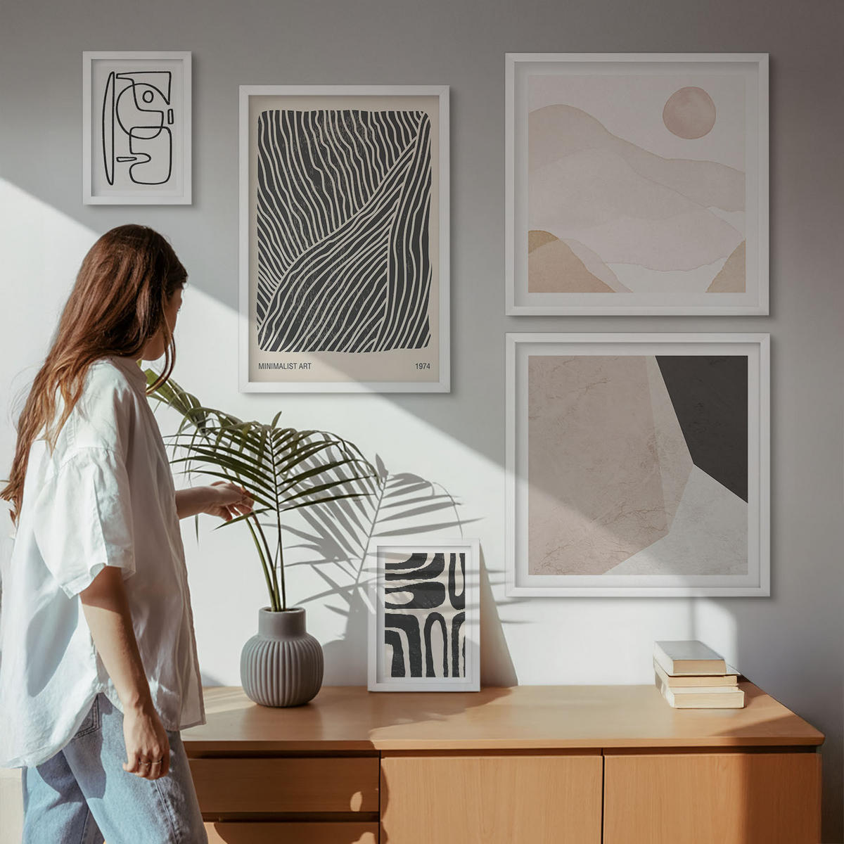 BILDER SET 5er Set - 50x50 cm & 20x30 cm & 40x60 cm Weißer Rahmen - Abstrakte Muster mit Linien - Weiß, Kunststoff (40/60cm) - TULUP