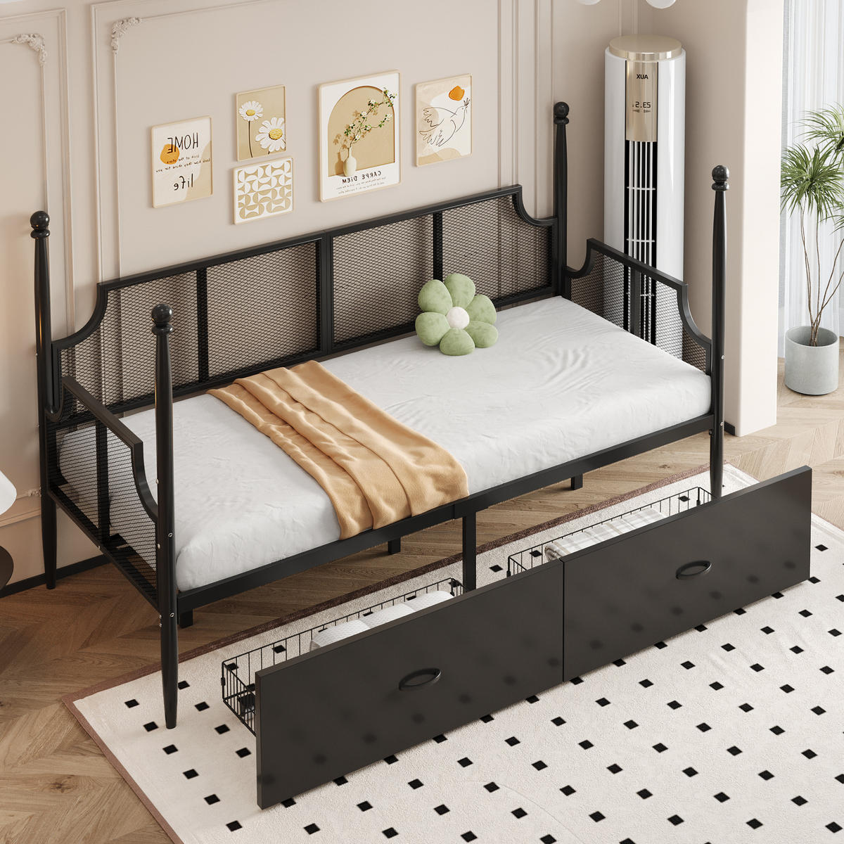 METALLBETT 90/200 cm Vintage Schwarz mit Ablagefächern - Schwarz, Metall (90/200cm) - OKWISH
