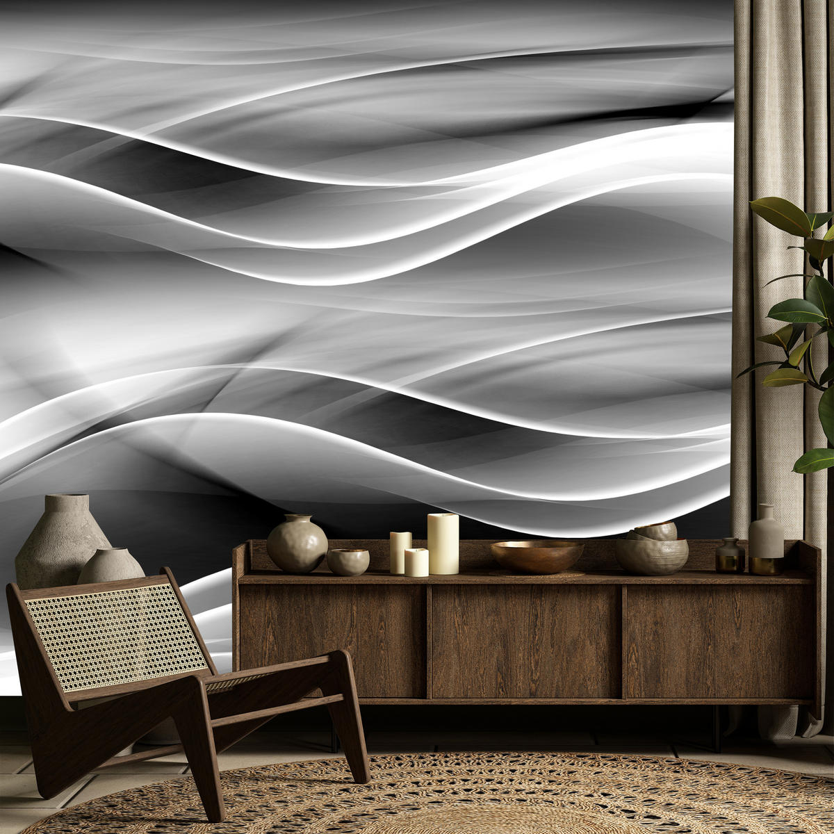 FOTOTAPETE für Badezimmer Abstrakte Monochrom Wellen Modern 100x70 - Schwarz/Weiß, Papier (100/70cm) - Muralo