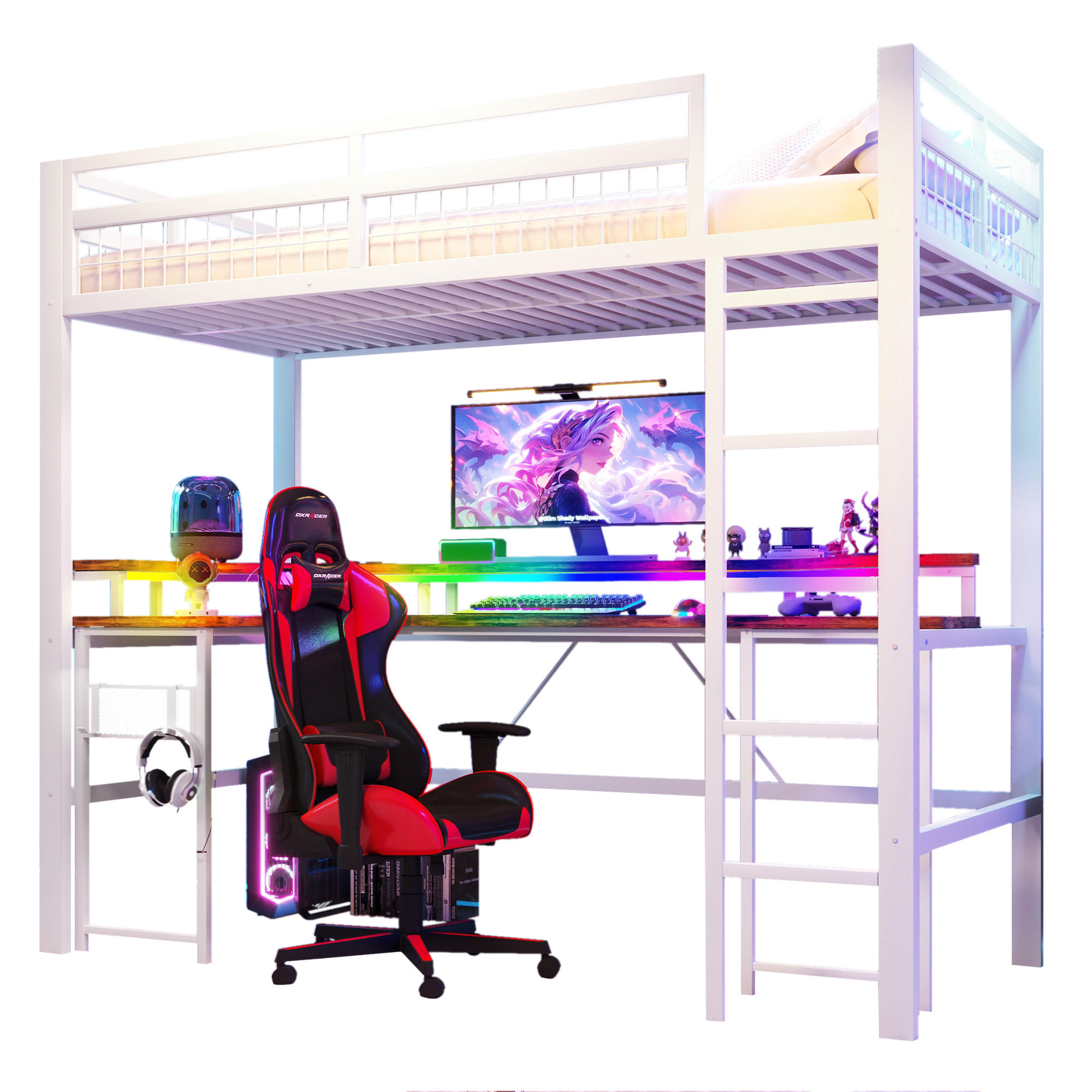 HOCHBETT 90/200 cm mit Schreibtisch, LED-Lichtleiste, USB, Typ-C, Steckdosen und Lochwand, Weiß - Weiß, Metall (90/200cm) - Redom