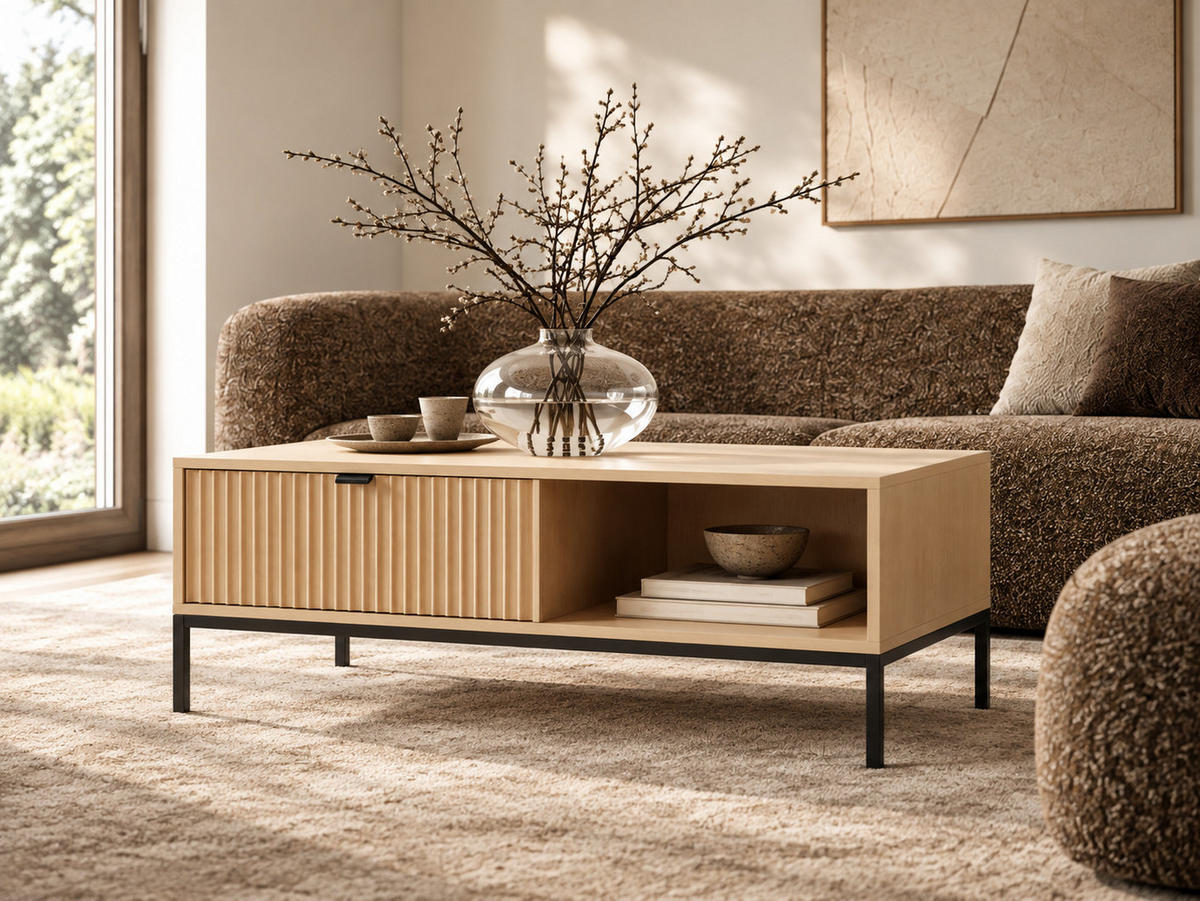 MODERNES Geriffelter Couchtisch KIOTO Ł2SZ (Eiche Vicenza, Schwarzes Gestell, Vollauszug) - Eichefarben/Schwarz, Holz/Holzwerkstoff (68/104/46cm) - Ravio