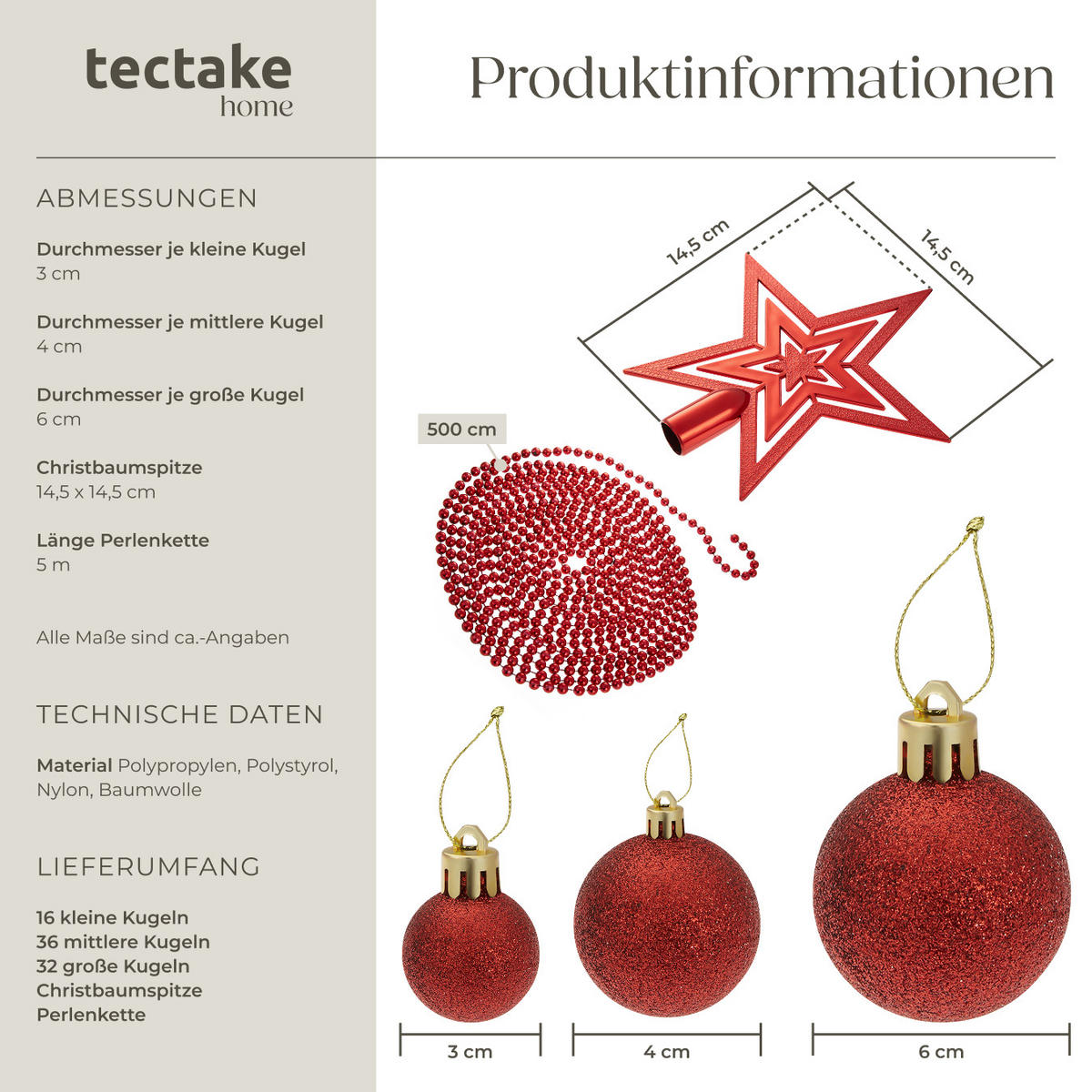 WEIHNACHTSKUGELN ,Durchmesser 3, 4 und 6 cm,rot - Rot, Textil (6/6/6cm) - tectake