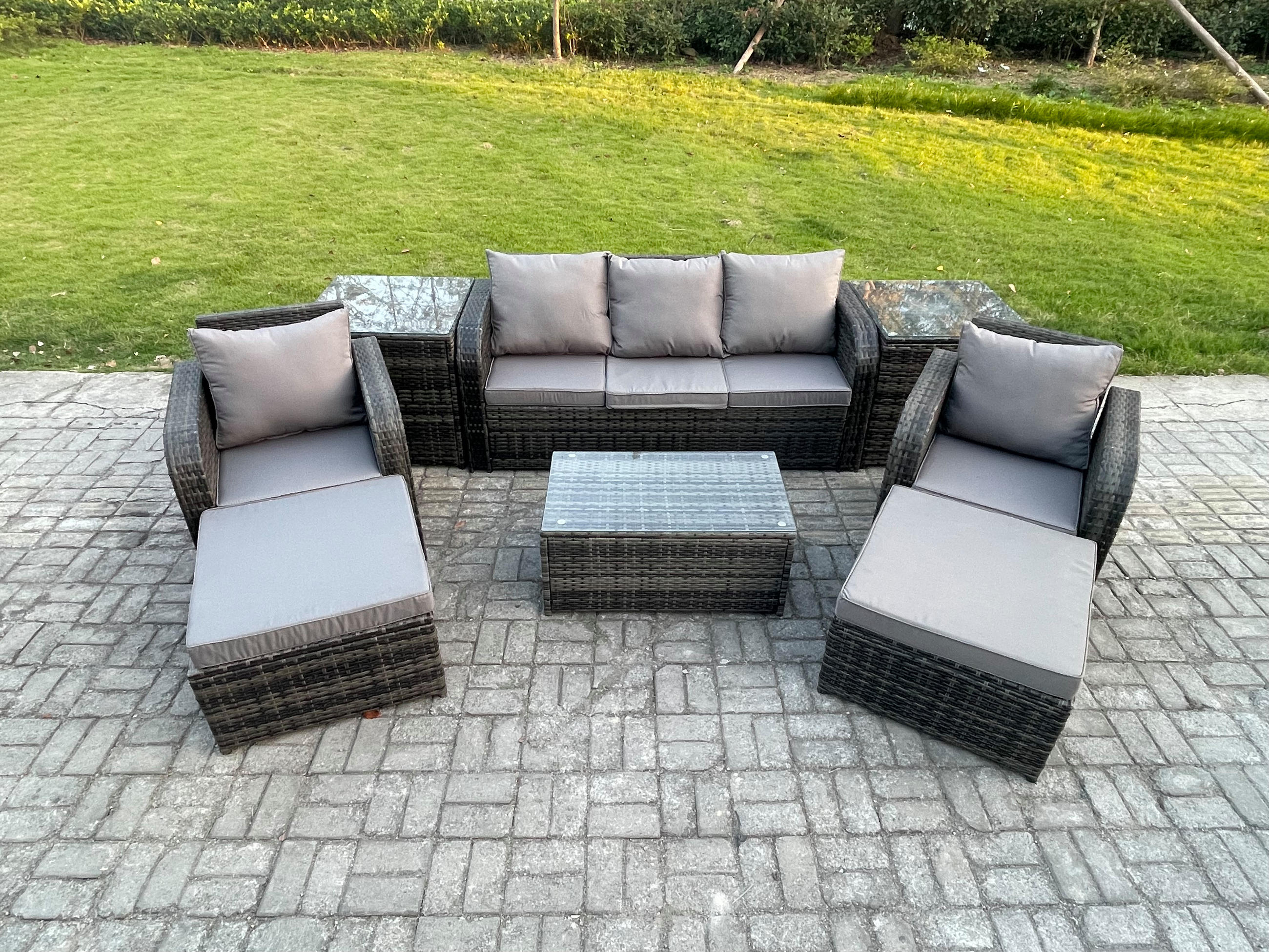GARTENMÖBELSET mit Couchtisch Polyrattan 7-Sitzer - Dunkelgrau/Grau, Glas/Kunststoff - Fimous