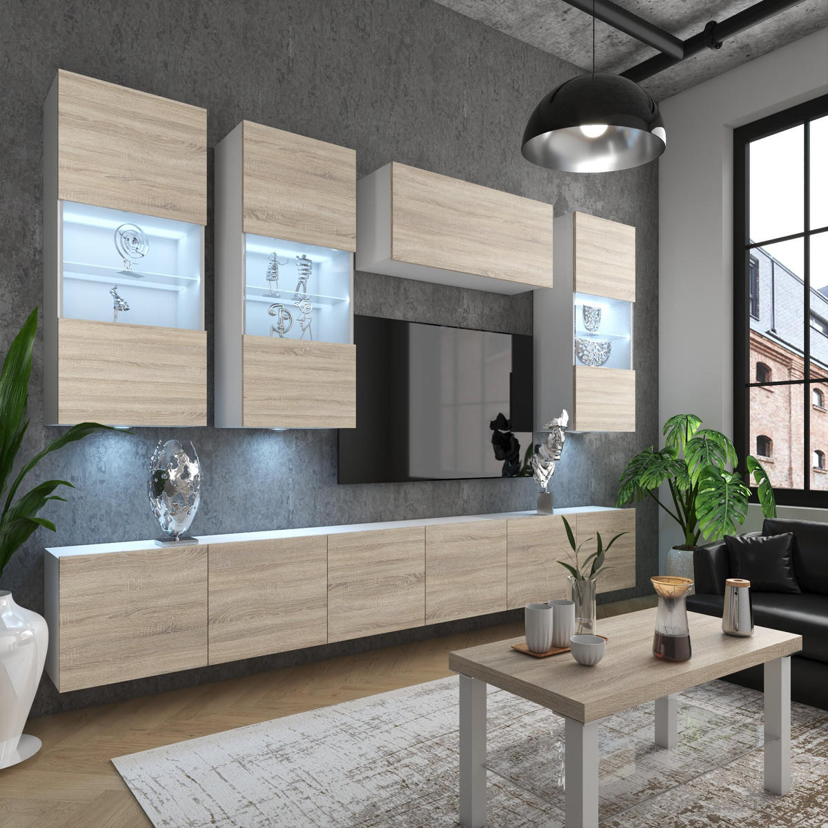 WOHNWAND Milano 5, Sonoma Eiche Matt, 300 cm, Grifflos - Sonoma Eiche, Holz (300/155/36cm) - B BELINI GROUP