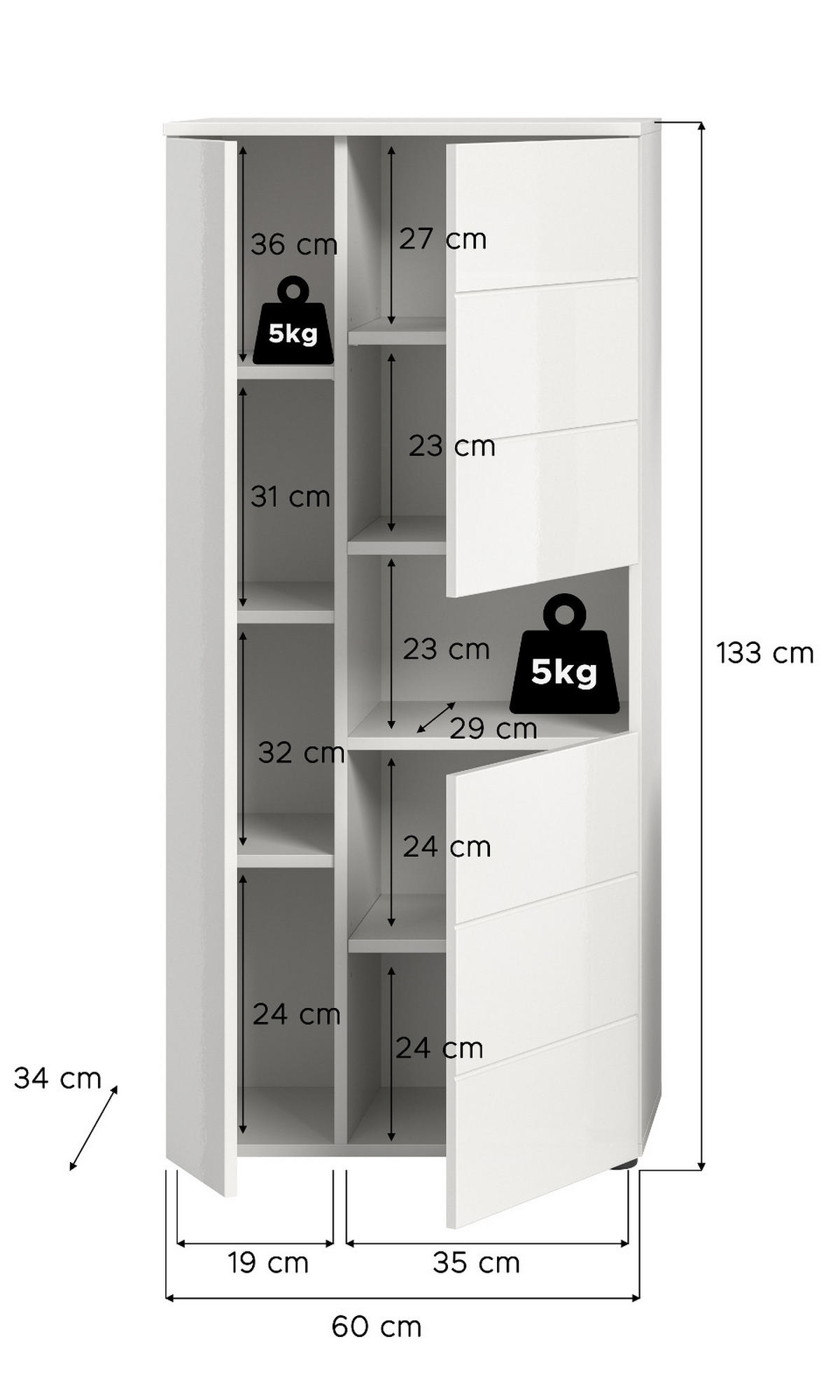 BADSCHRANK weiß Hochglanz 60 x 131 cm, Midischrank mit 9 Fächern - Weiß Hochglanz/Schwarz, Holzwerkstoff/Kunststoff (60/131/34cm) - Inn.Furn