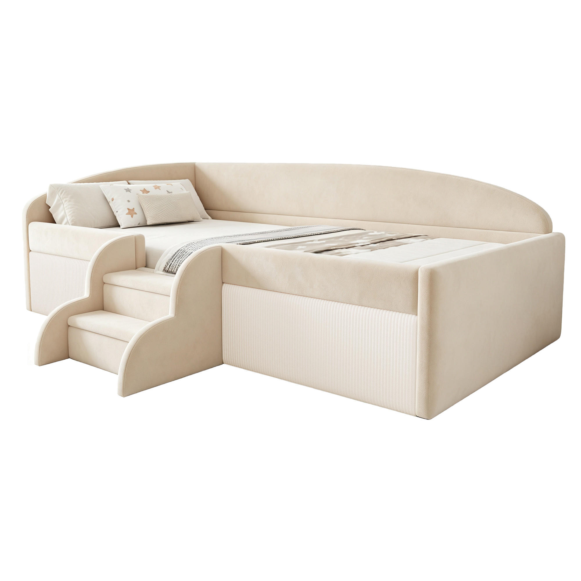 POLSTERBETT 90/190 cm in Beige mit Schutzbügel, Stufen und Lattenrost aus Samt - Beige, Holzwerkstoff/Textil (90/190cm) - STILVORA