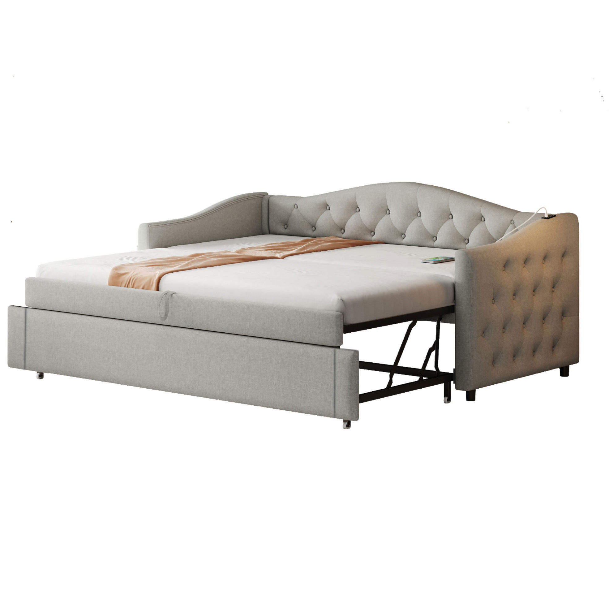 POLSTERBETT 90/200 cm Grau aus Leinen mit USB-Anschluss - Grau, Textil (90/200cm) - OKMYHOME