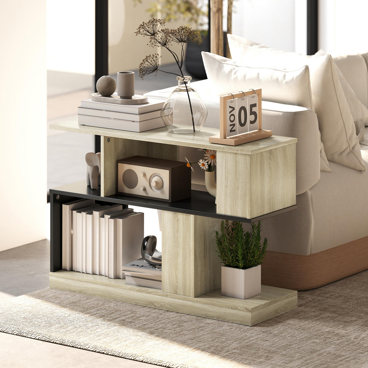 BEISTELLTISCH DE-15786 S-Form mit 3 Ebenen Naturholz - Naturfarben, Holzwerkstoff (90/30/61cm) - ComfortXL