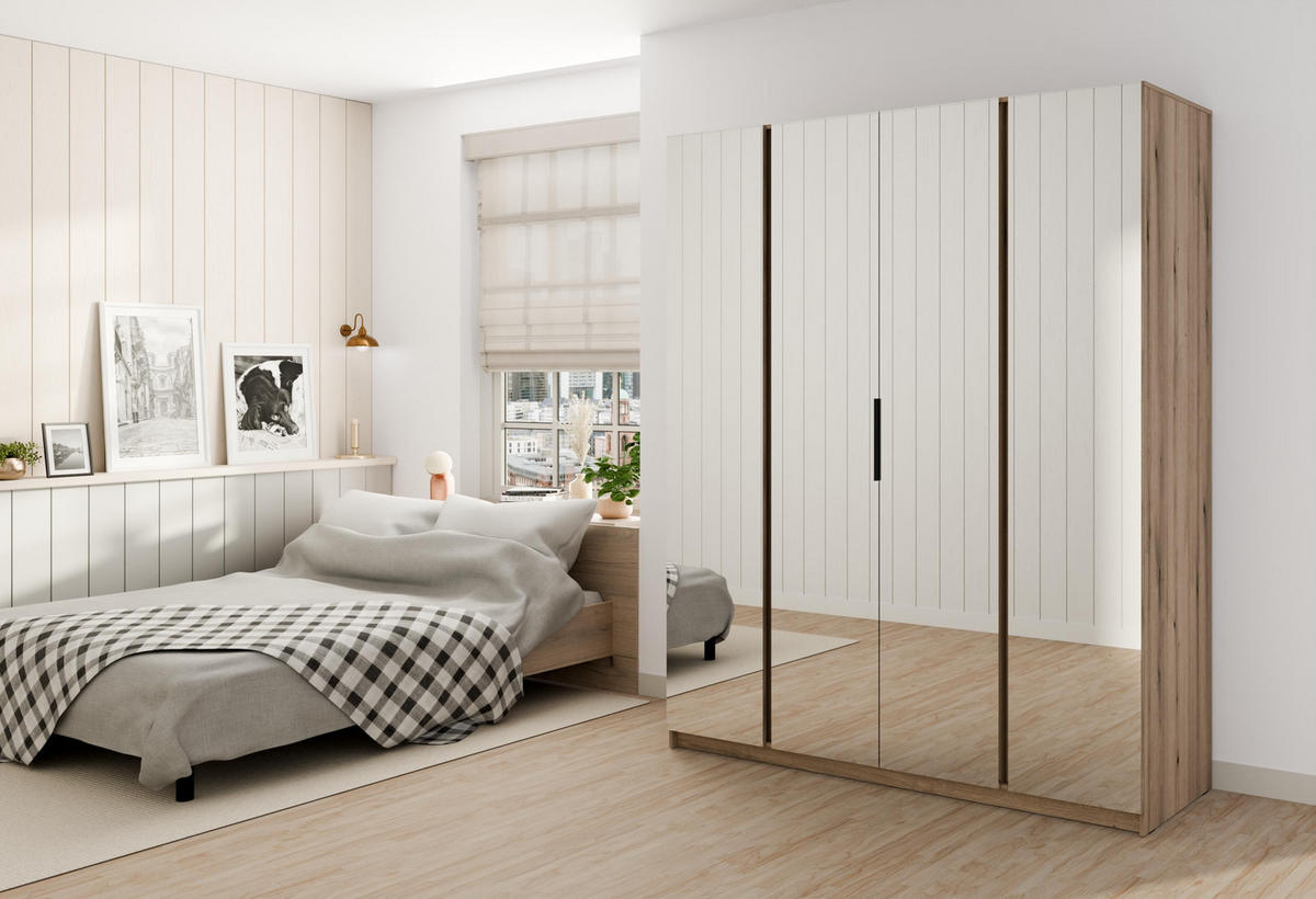 KLEIDERSCHRANK Nehir Eiche Evoke/Schwarz 200 cm - 4T Modern mit 4 Spiegeln - Eichefarben/Schwarz, Holzwerkstoff/Kunststoff (200/239/61.9cm) - AX Living