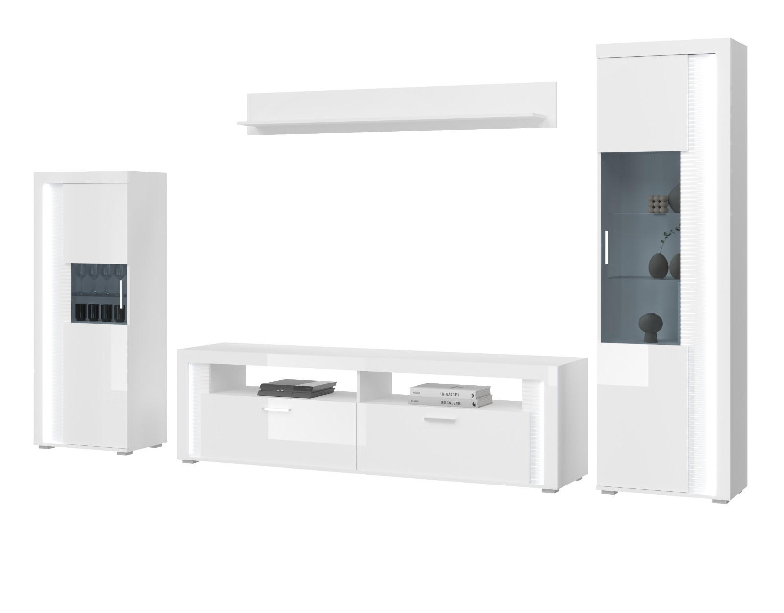 WOHNWAND weiß Hochglanz 350 cm, Soft-Close-Funktion, inkl. Beleuchtung - Weiß Hochglanz/Silberfarben, Glas/Holzwerkstoff (351/202/46cm) - Inn.Furn