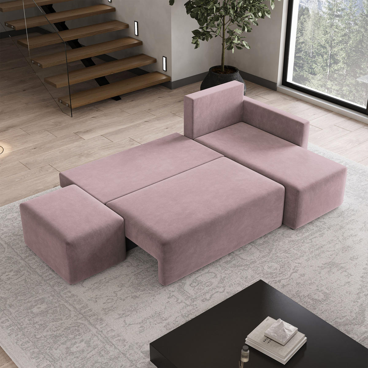 ECKSOFA VELOTTI R-S Rosa Plüsch-Stoff mit Schlaffunktion - Rosa, Holz (261/143cm) - MASSENO