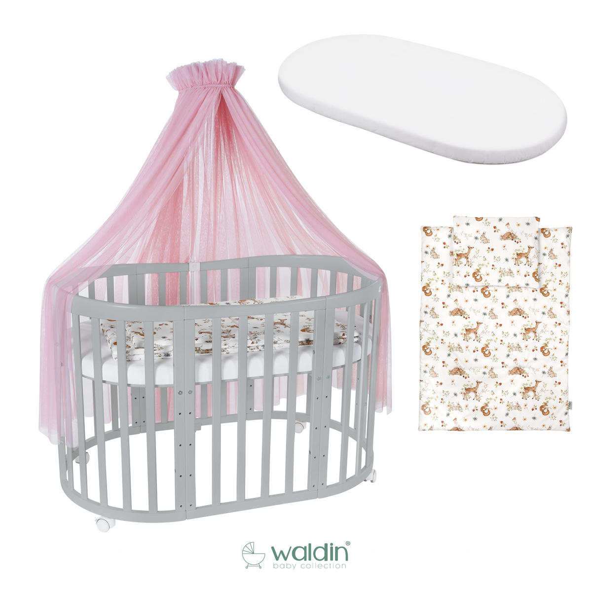 BABYBETT GREY OVAL 7in1 mit Matratze und Himmelset - Rosa/Grau, Holz/Textil