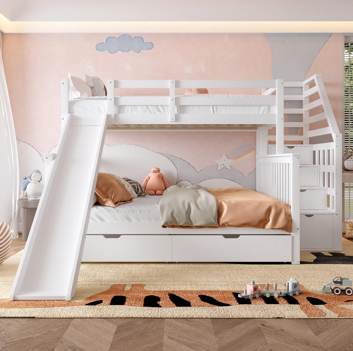 ETAGENBETT 90/200 über 140/200 cm in Weiß mit Rutsche und 2 Schubladen - Weiß, Holzwerkstoff (90/200cm) - OKMYHOME