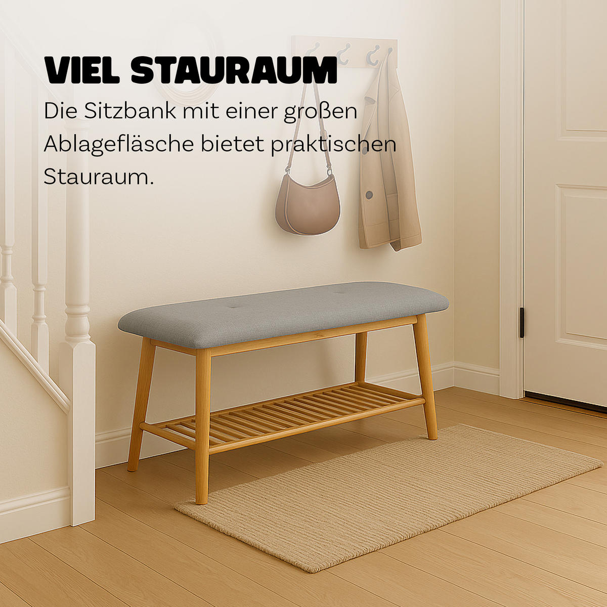 SCHUHBANK Bambus 100x30x44 cm - Hellbraun/Grau, Bambusholz/Textil (100/44/30cm)