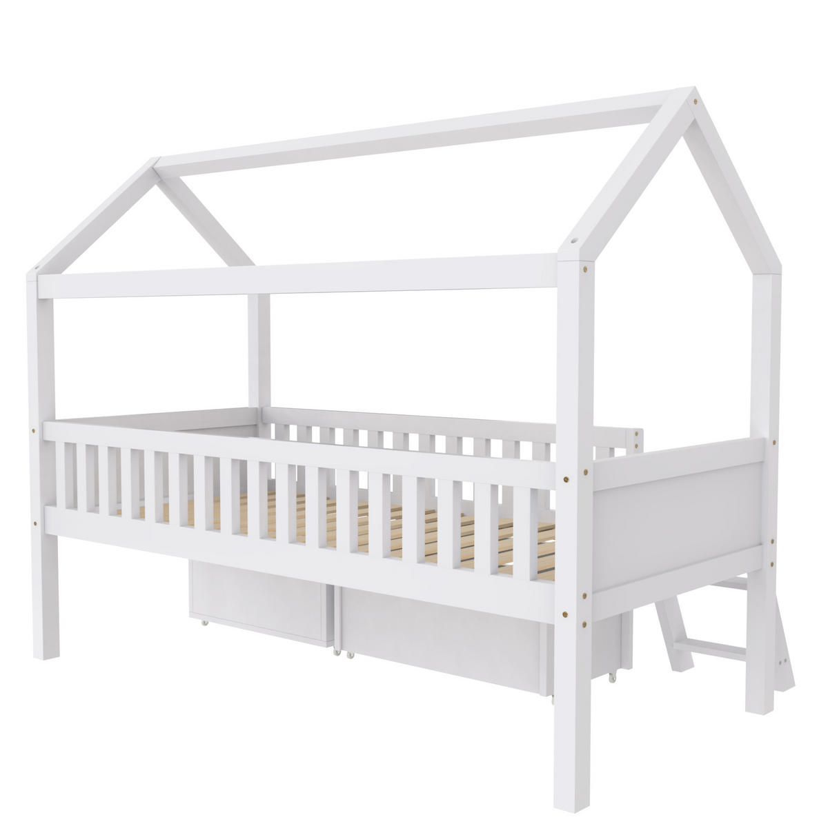 HAUSBETT 90/200 cm Weiß mit Schubladen und Anti-Drop-Geländer - Weiß, Holz (90/200cm) - OKWISH