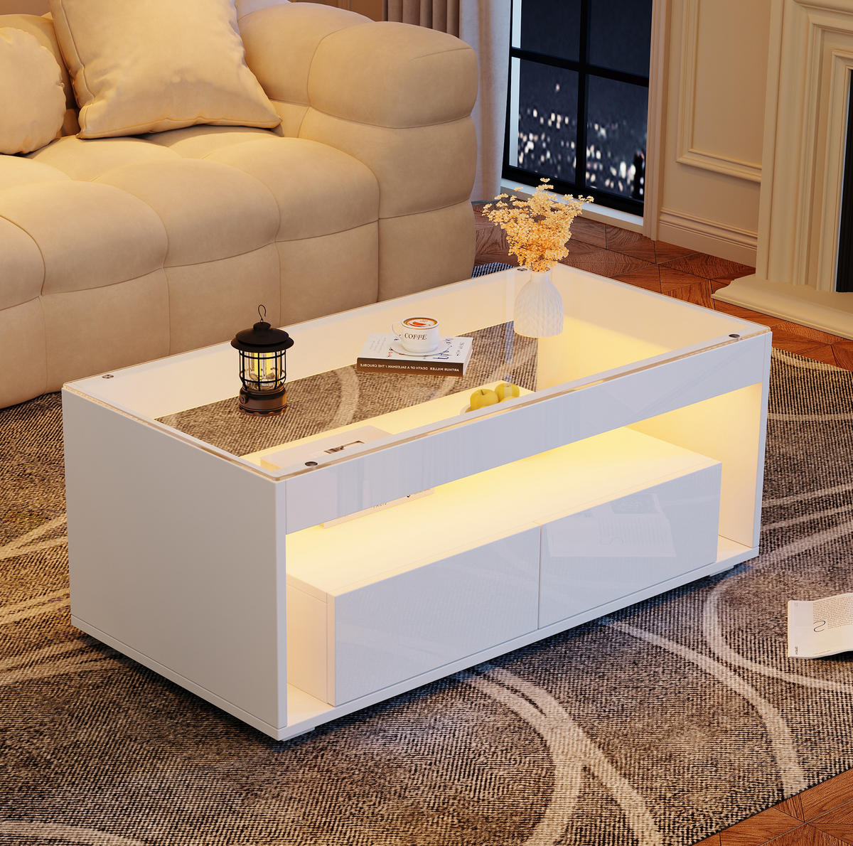 COUCHTISCH 100/50/40 cm Weiß aus Spanplatte und gehärtetem Glas mit LED-Beleuchtung - Weiß, Holzwerkstoff (100/50/40cm) - OKMYHOME