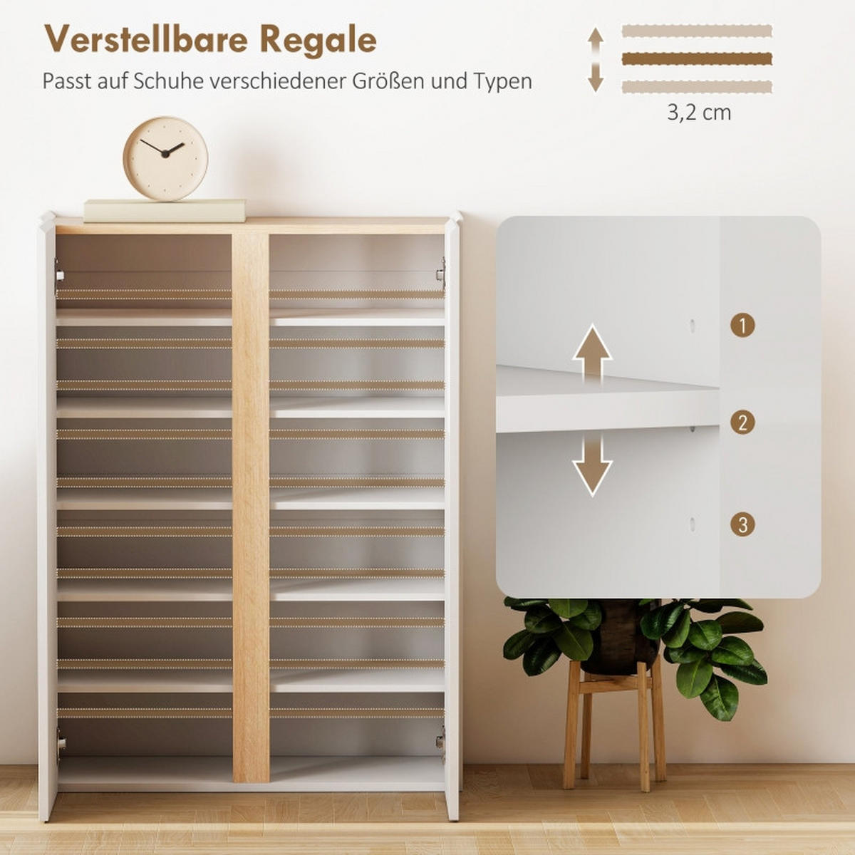 SCHUHSCHRANK 70/35/95 cm weiß aus Holz mit Soft-Close-Türen und verstellbaren Regalböden - Weiß, Holz (70/95/35cm) - OKWISH