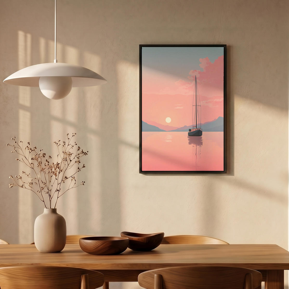 LEINWAND Bilder mit Rahmen - Segelboot - Rosa Meer - Sonnenuntergang - Berge - 40x60 - Rosa, Textil (40/60cm) - OnlyWow