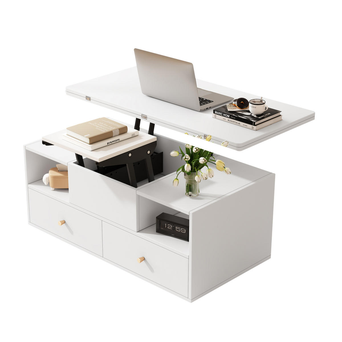 COUCHTISCH 100/50/47,5 cm Höhenverstellbar mit Klappfunktion und 4 Schubladen in Weiß - Weiß, Holzwerkstoff (100/50/47.5cm) - OKWISH