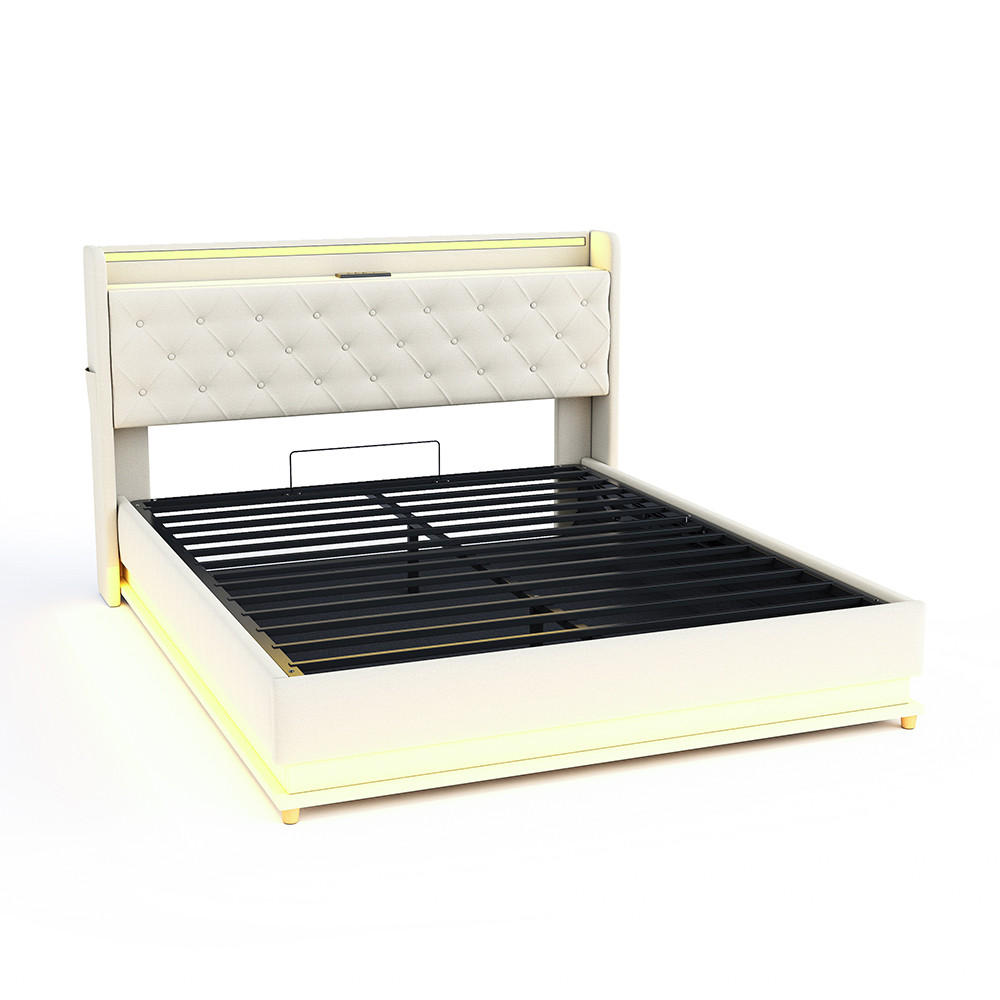 POLSTERBETT 160x200cm, mit USB-Ladeanschluss, Leinen , Beige - Beige, Textil/Metall (160/200cm) - KOMHTOM
