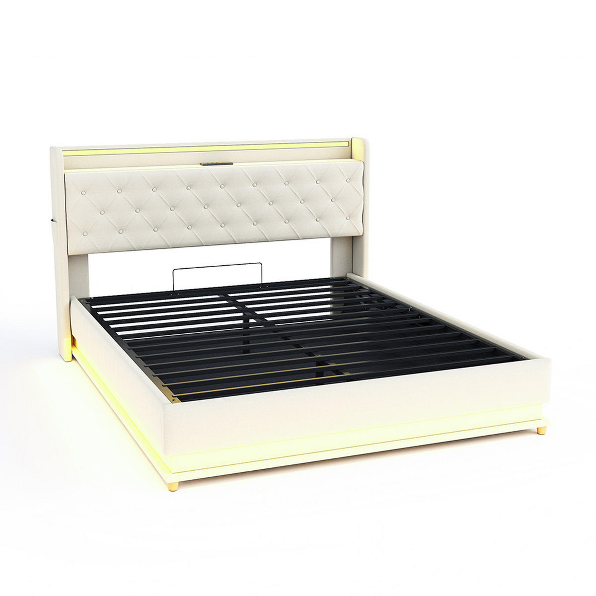 POLSTERBETT 160x200cm, mit USB-Ladeanschluss, Leinen , Beige - Beige, Textil/Metall (160/200cm) - KOMHTOM