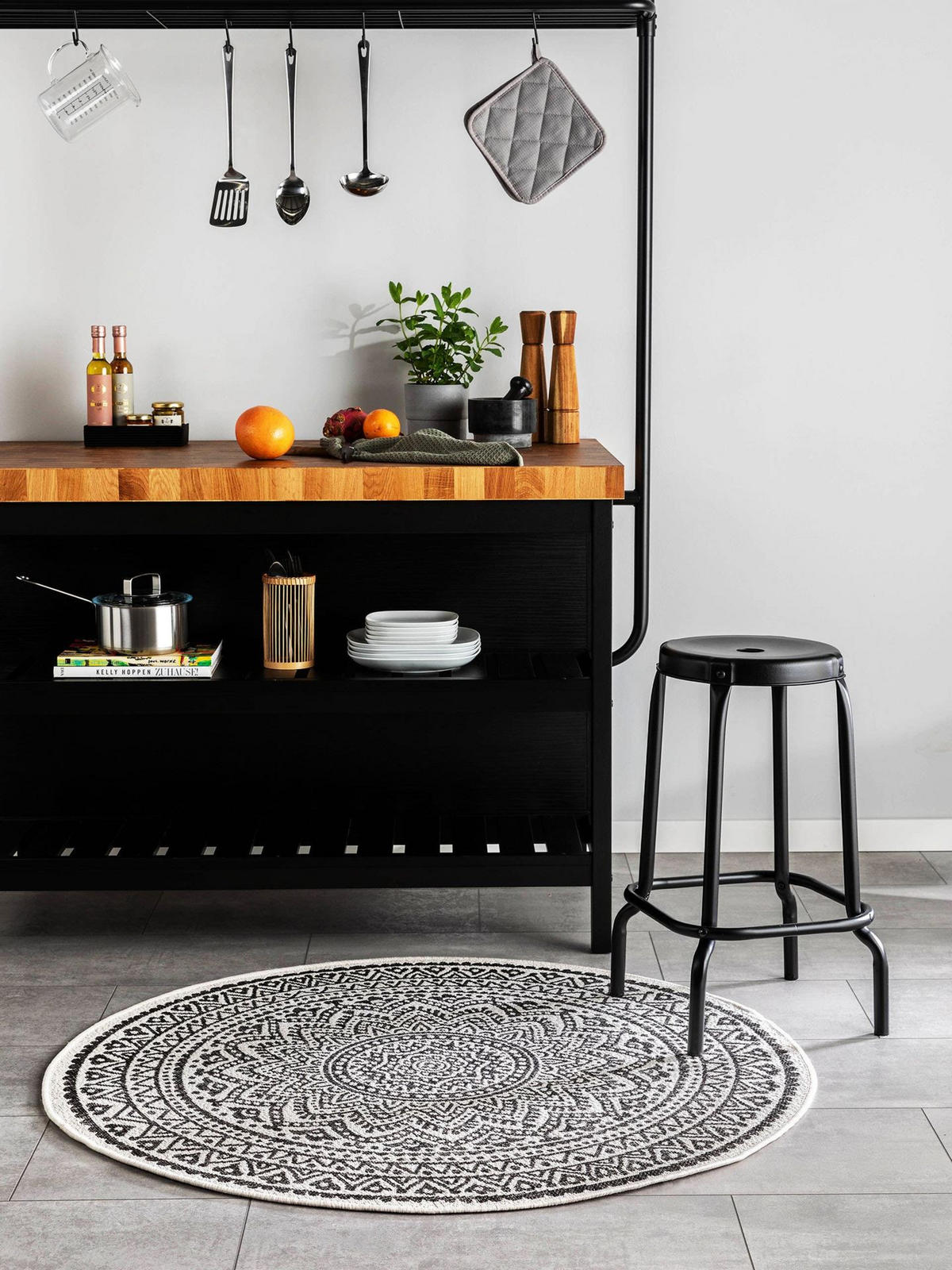 OUTDOORTEPPICH rund Cleo Weiß/Schwarz ø 150 cm rund - Schwarz/Weiß, Kunststoff (150/1cm) - KUNSTLOFT
