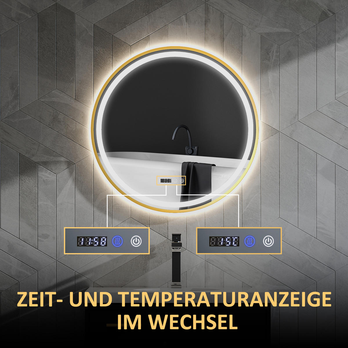 ROUNDER Badspiegel mit Beleuchtung 60 cm LED Spiegel mit Touchschalter Gold - Goldfarben, Glas (3.5/60/60cm) - HOMCOM