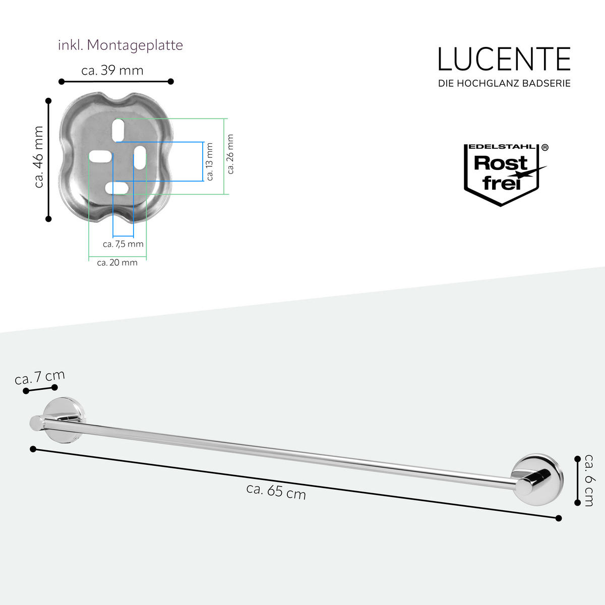 BADETUCHSTANGE LUCENTE, Edelstahl - Chromfarben, Metall (65/6/7cm) - bremermann