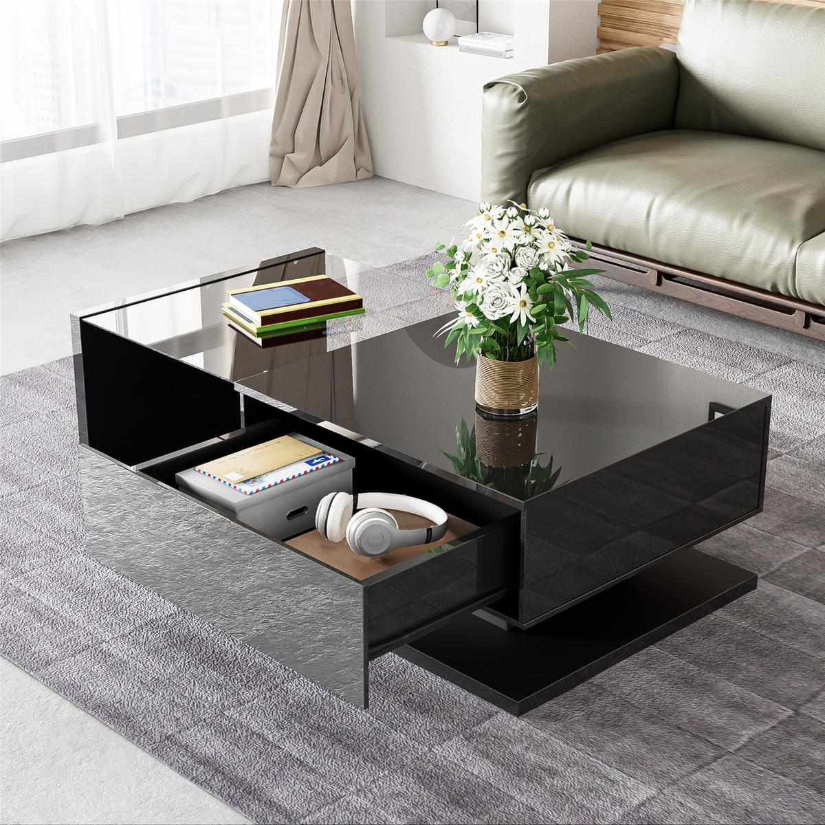 COUCHTISCH 105x55x32,5 Hochglanz Schwarz LED Glas - Schwarz, Holz (105/55/32.5cm) - Coonoor