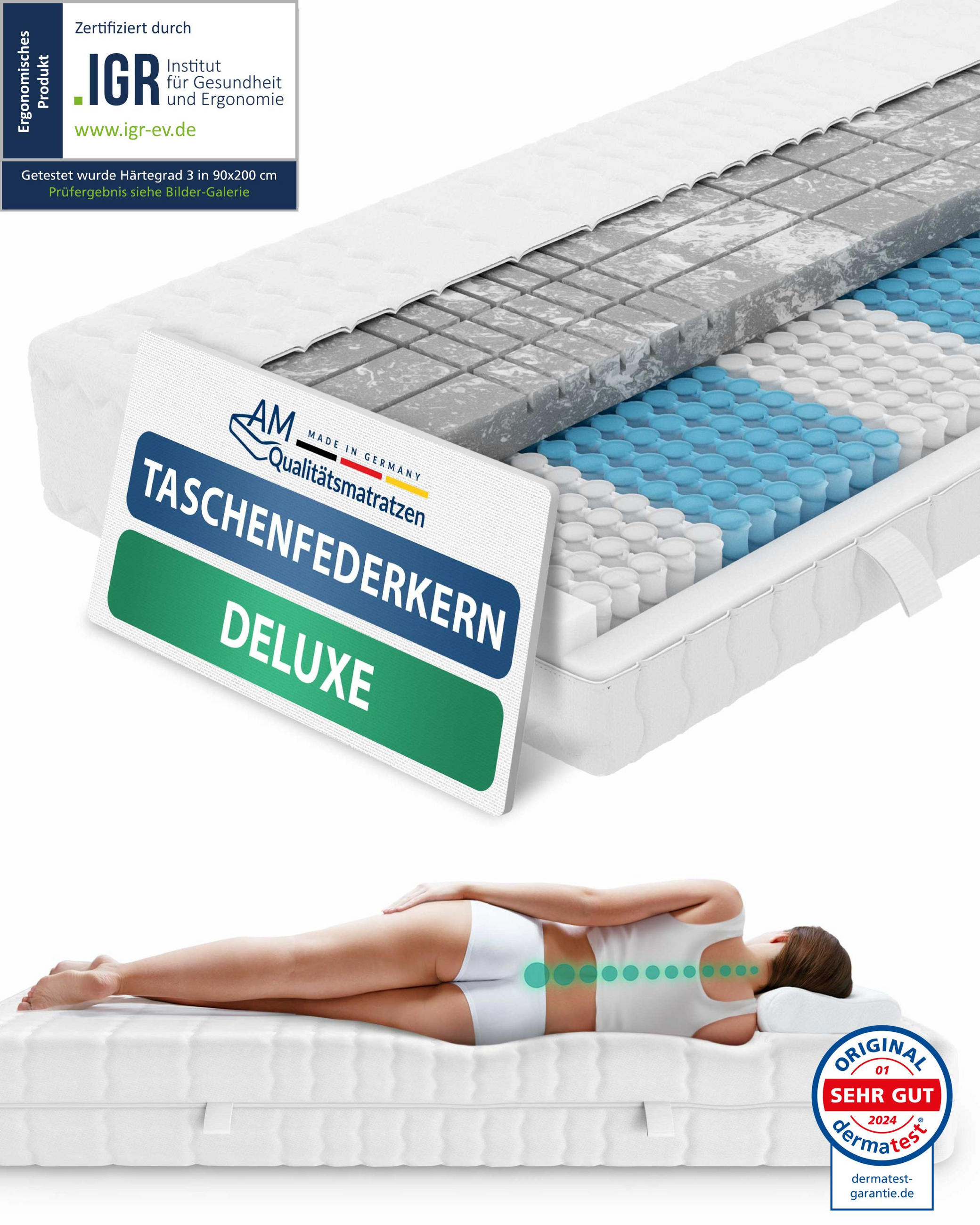 AM Qualitätsmatratzen MATRACE s taštičkovými pružinami 3D Deluxe 160/200 cm H3 - výška 24 cm a potah z tencelu