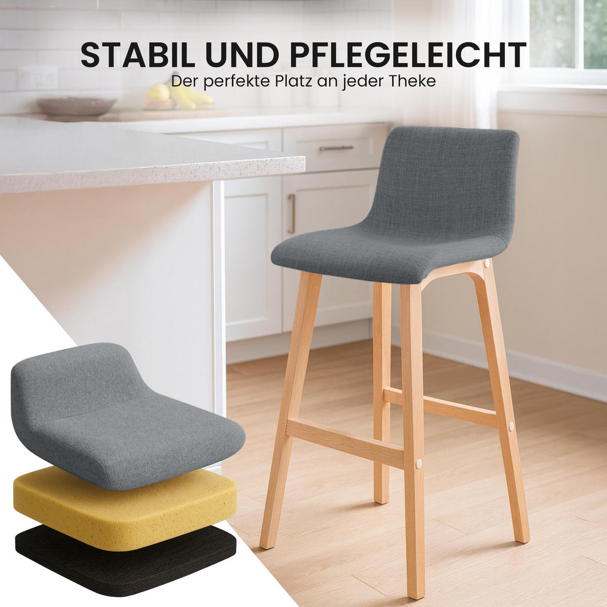 BARHOCKER 2er Set Stoff hellgrau - Eukalyptusholzfarben/Hellgrau, Holz/Textil (41/102/46cm) - CLP