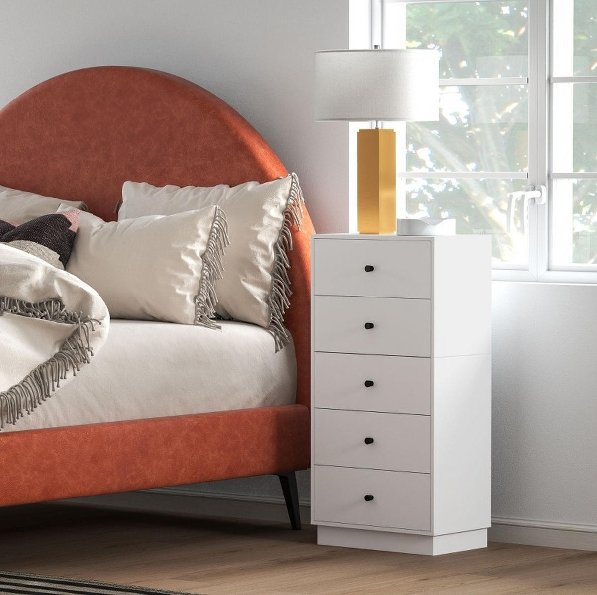 KOMMODE aus Holzwerkstoff 47x29x95 cm Weiß mit 5 Schubladen und Anti-Kipp-Schutz, modernes Design - Weiß, Holzwerkstoff (47/95/29cm) - Modfu