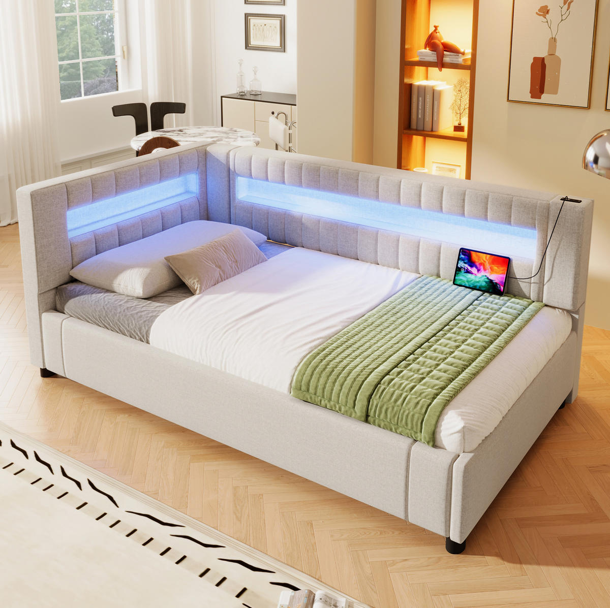 POLSTERBETT 90/200 cm Beige aus Leinen mit LED-Lichtleiste und Stauraum - Beige, Textil (90/200cm) - OKMYHOME
