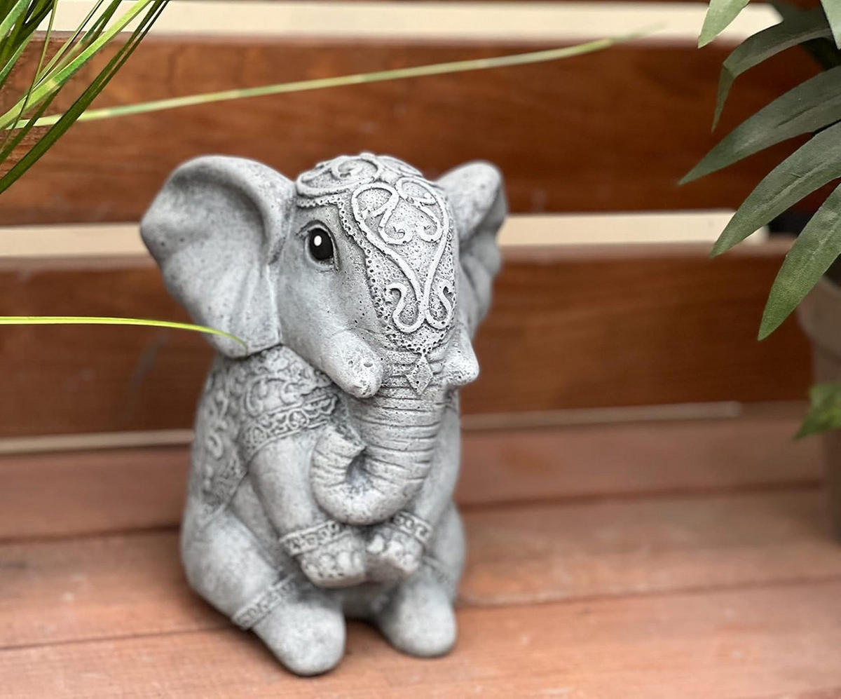 STEINFIGUR indischer Elefant frostfest Steinguss massiv - Grau, Stein (12/14/10cm) - stoneandstyle