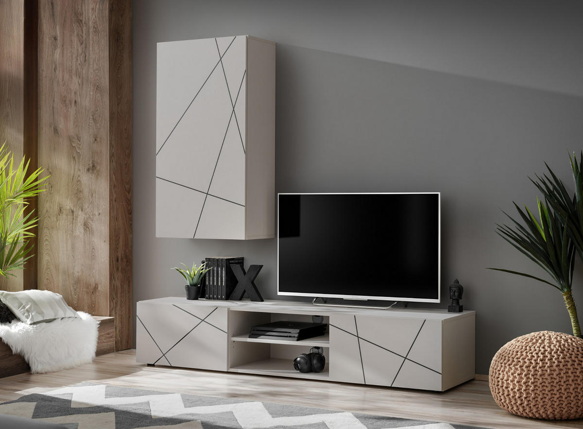 WOHNWAND Kaschmir, schwarz 180 cm, Schrankwand mit Streifendruck, Push-to-Open - Kaschmir/Schwarz, Holzwerkstoff/Kunststoff (180/180/45cm) - Furn.Design