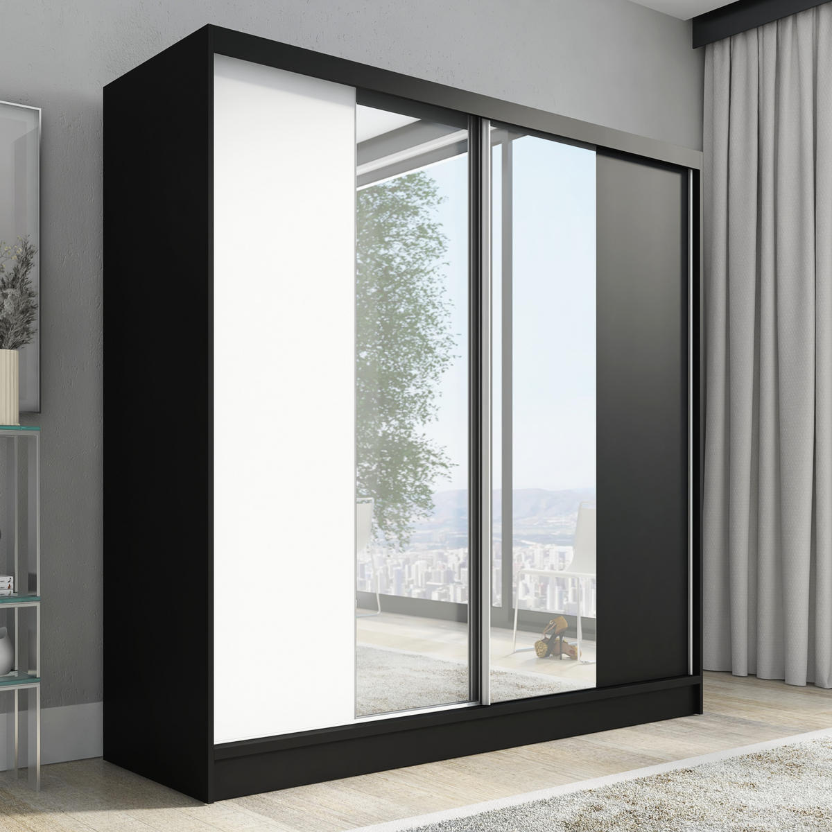 SCHWEBETÜRENSCHRANK 200 CM DUO Farbe: Schwarz | weiß |schwarz - Schwarz/Weiß, Holzwerkstoff (200/215/60cm) - A&J MöbelLand