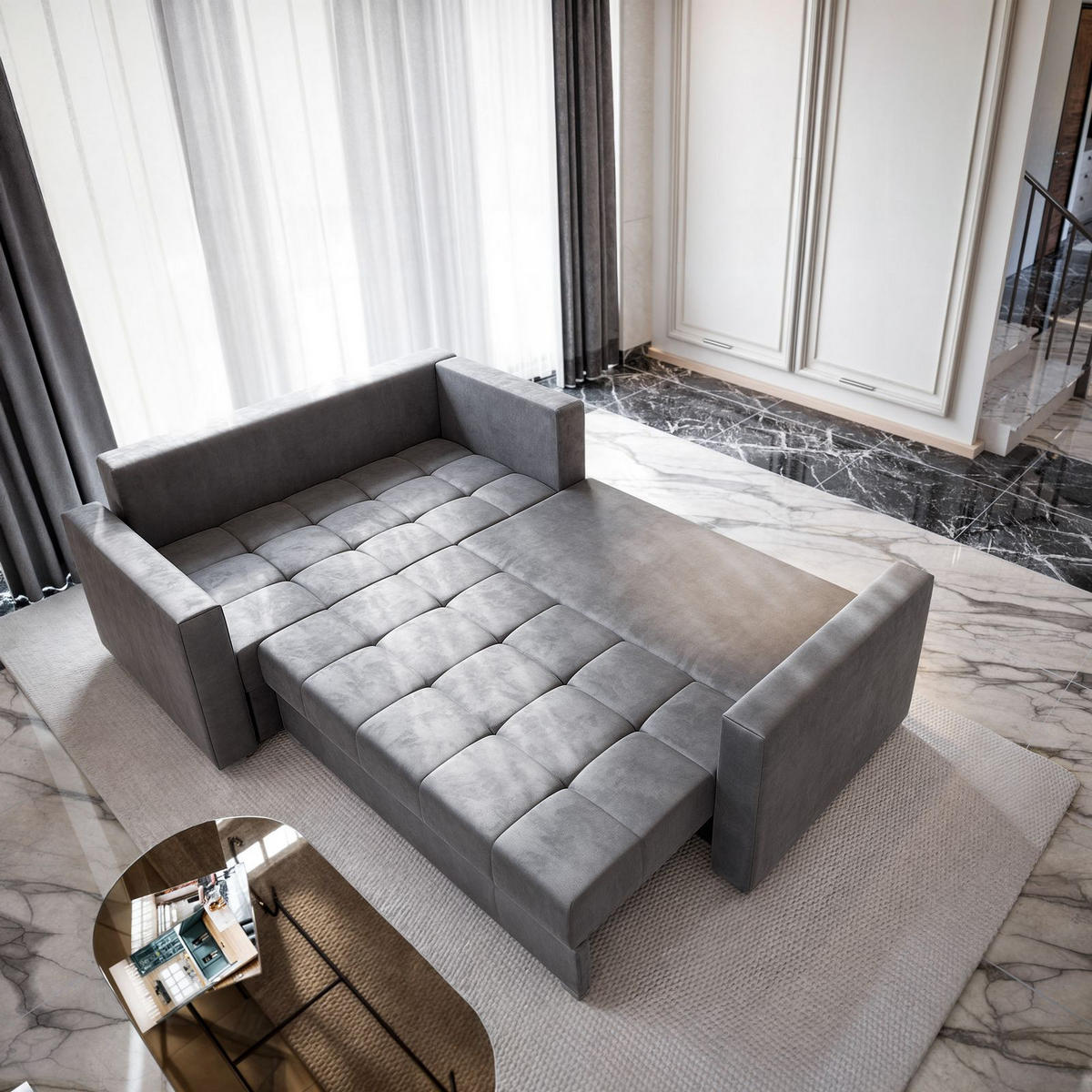 ECKSOFA LIRENO R-S Blau Plüsch-Stoff mit Schlaffunktion - Blau, Holz (220/153cm) - MASSENO