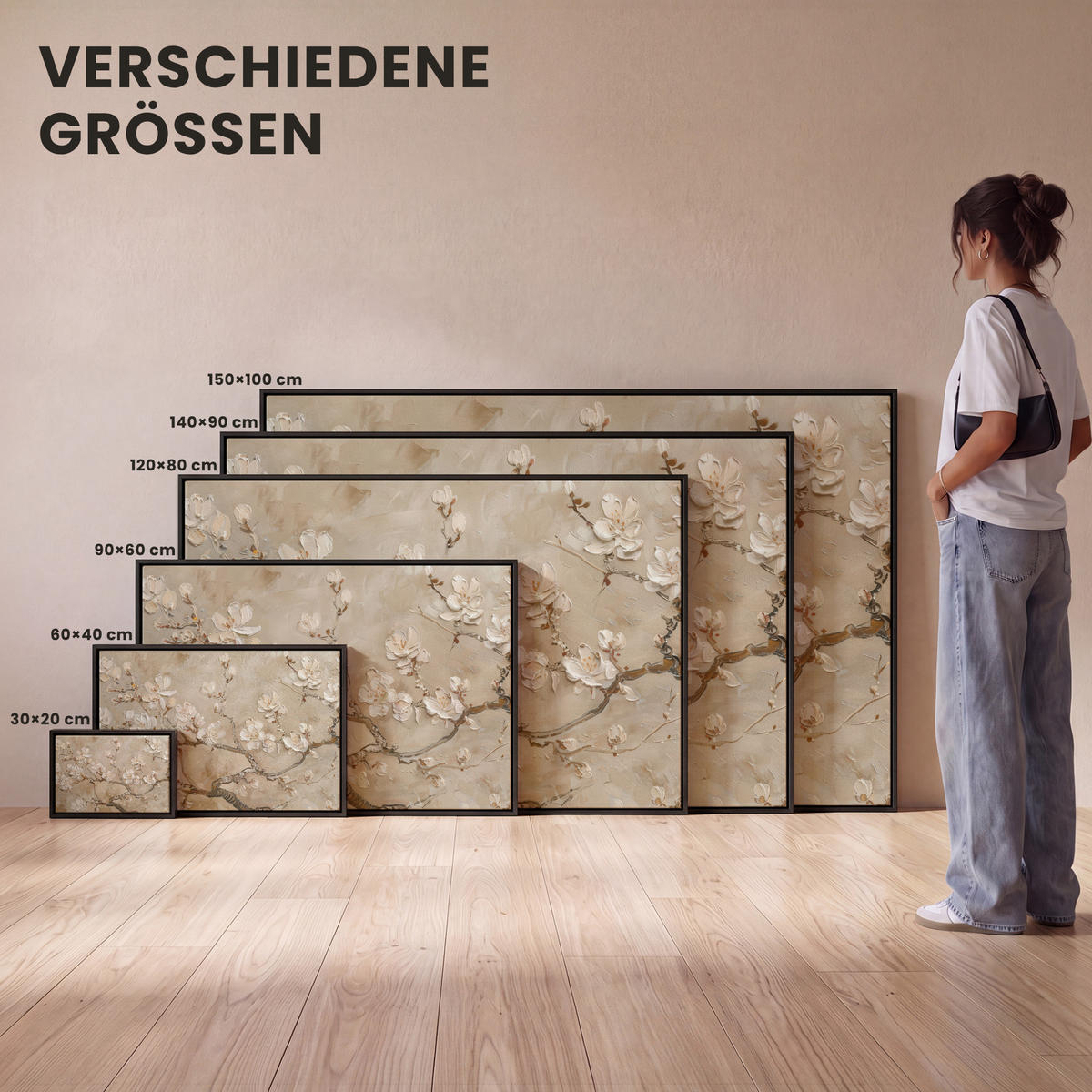 LEINWAND Bilder mit Rahmen - Blumen - Modern - Beige - Weiß - Blüte - 60x40 - Beige, Textil (60/40cm) - MuchoWow