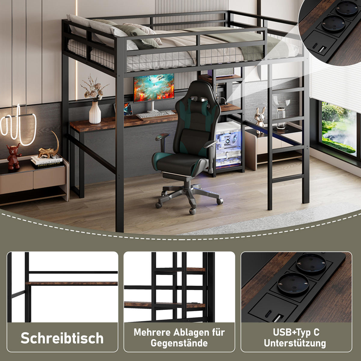 HOCHBETT 140/200 cm Schwarz aus Metall mit Schreibtisch und Regalen - Schwarz, Metall (140/200cm) - OKMYHOME