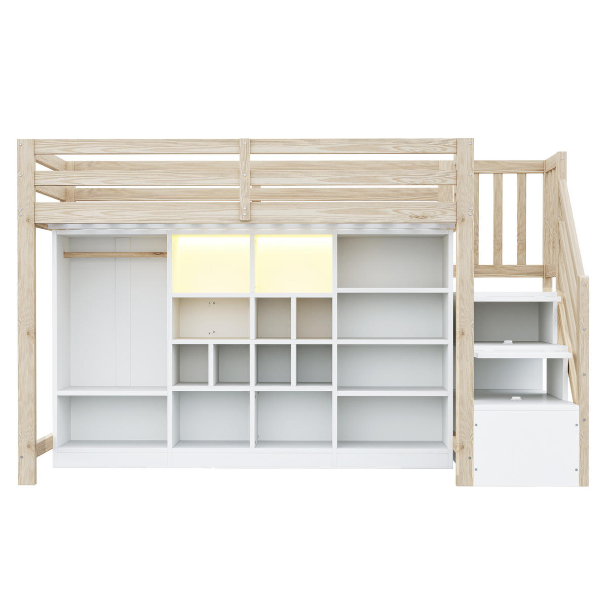 HOCHBETT 90/200 cm mit LED-Beleuchtung, Stauraumfächern und Kleiderschrank, Natur /Weiß - Naturfarben, Holzwerkstoff (90/200cm) - Redom