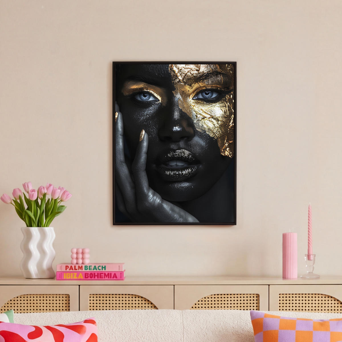 LEINWAND Bilder mit Rahmen - Frau - Gold - Porträt - Schwarz-Weiß - Luxus - 50x70 - Hellblau, Textil (50/70cm) - MuchoWow