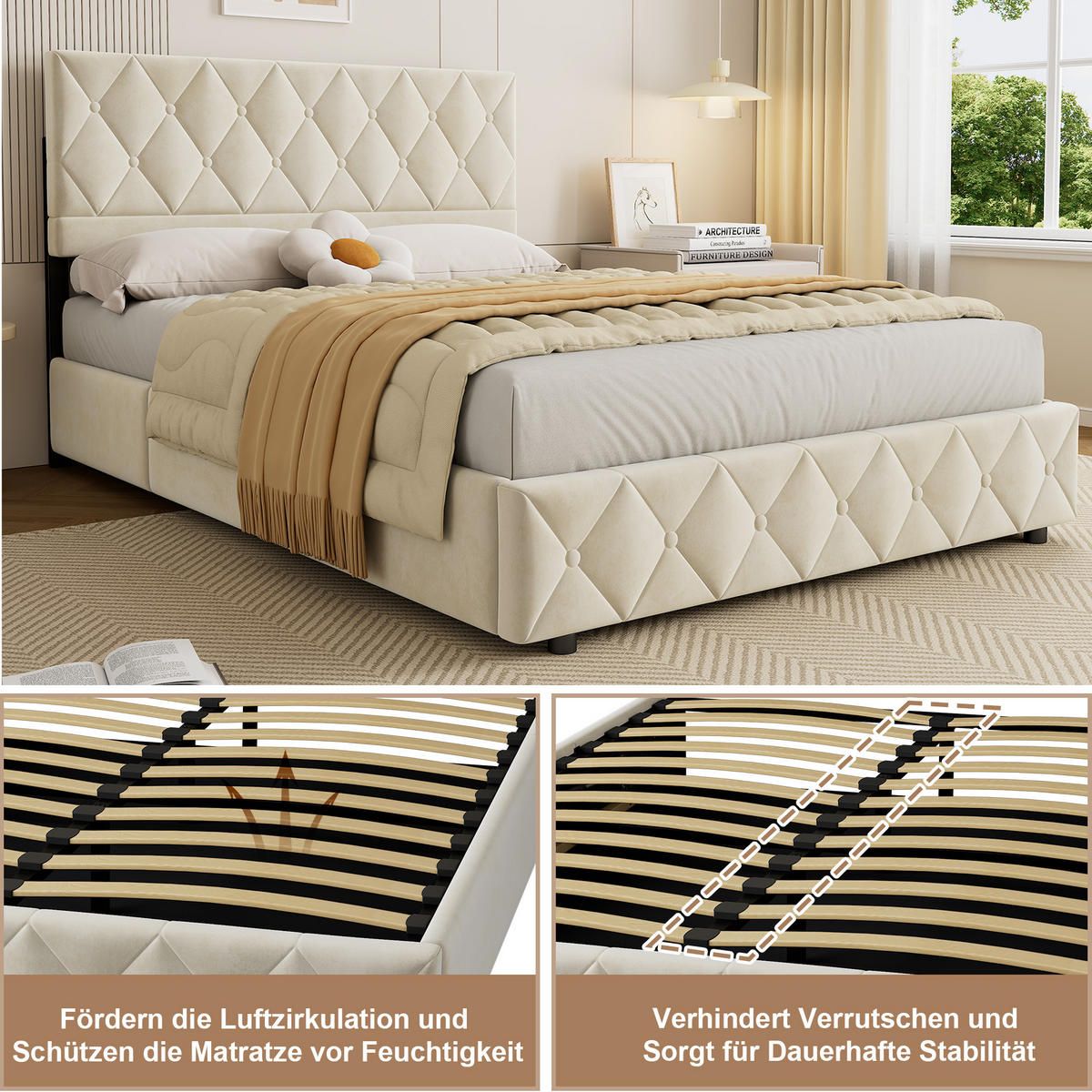 POLSTERBETT 140/200 cm mit Bettkasten in Beige Samt, ohne Matratze - Beige, Holzwerkstoff/Textil (140/200cm) - WISHDOR