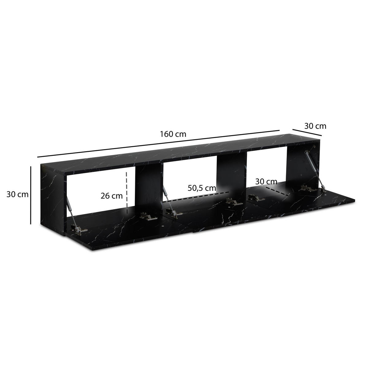 TV-LOWBOARD hängend groß, Marmor-Optik, Klapptüren, modern, Schwarz 160x30x30 cm - Schwarz, Metall (160/30/30cm) - KADIMA DESIGN
