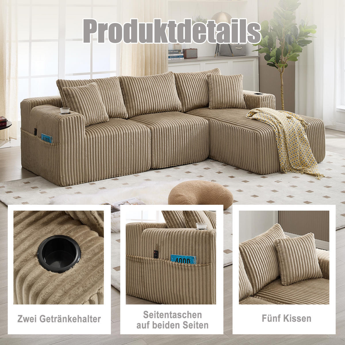 MODULARES Sofa-Set Cord mit Chaiselongue und 2-Sitzer Getränkehalter und Seitentaschen 257/90 160/62 cm Sandfarben - Sandfarben, Textil (160/257cm) - Redom
