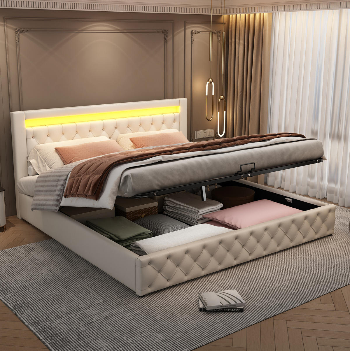 POLSTERBETT mit Bettkasten und LED 180x200 cm PU Weiß - Weiß, Metall (180/200cm) - Meubliv