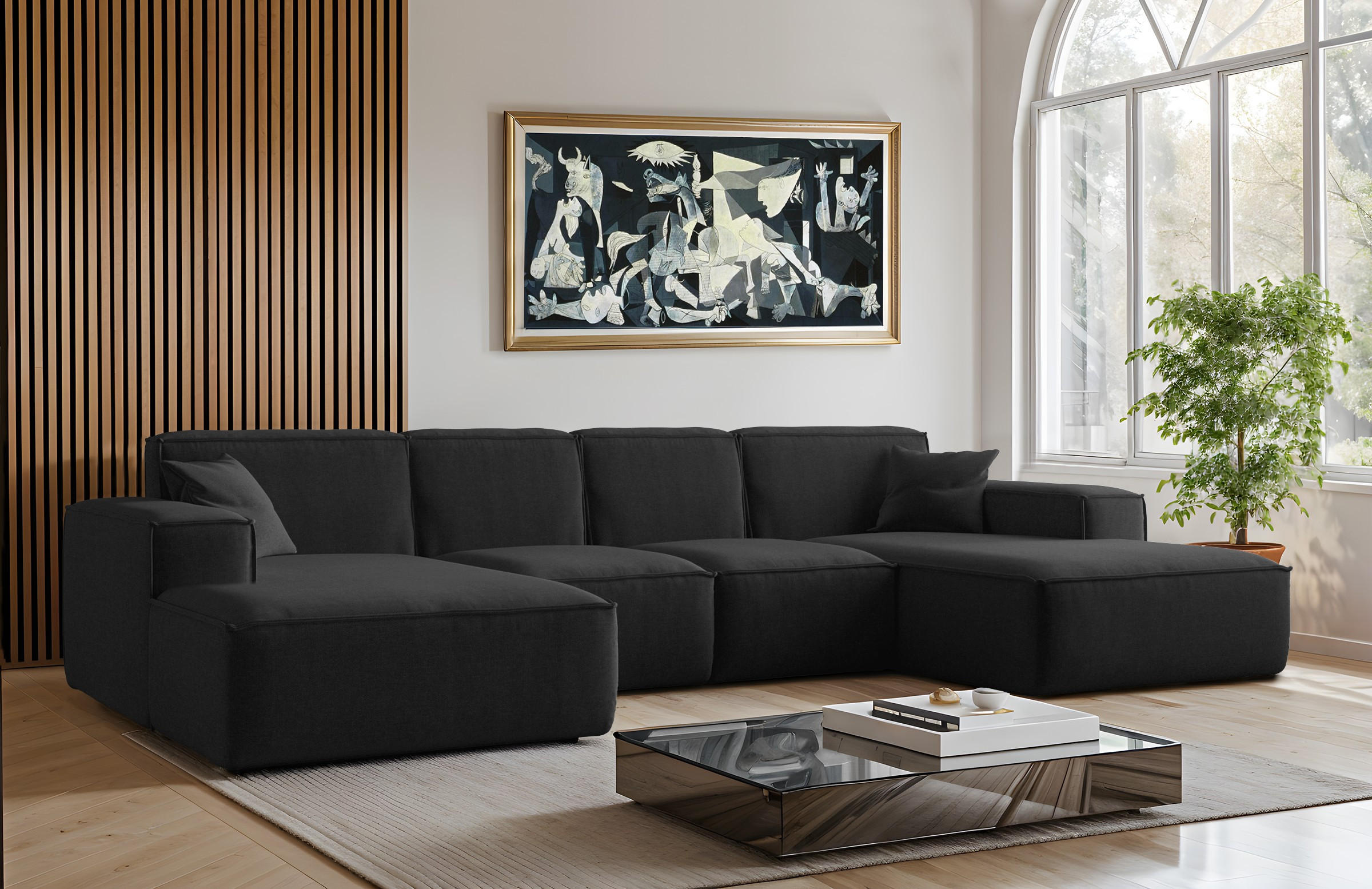 ECKSOFA U-Form Siena mit Stoff Maloy Schwarz - Schwarz, Holz (344/165cm) - Kaiser Möbel
