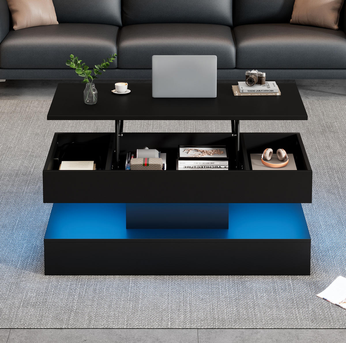 COUCHTISCH 100/50/42 cm in Schwarz, höhenverstellbar mit LED-Beleuchtung - Schwarz, Holzwerkstoff (100/50/42cm) - Flora Grace